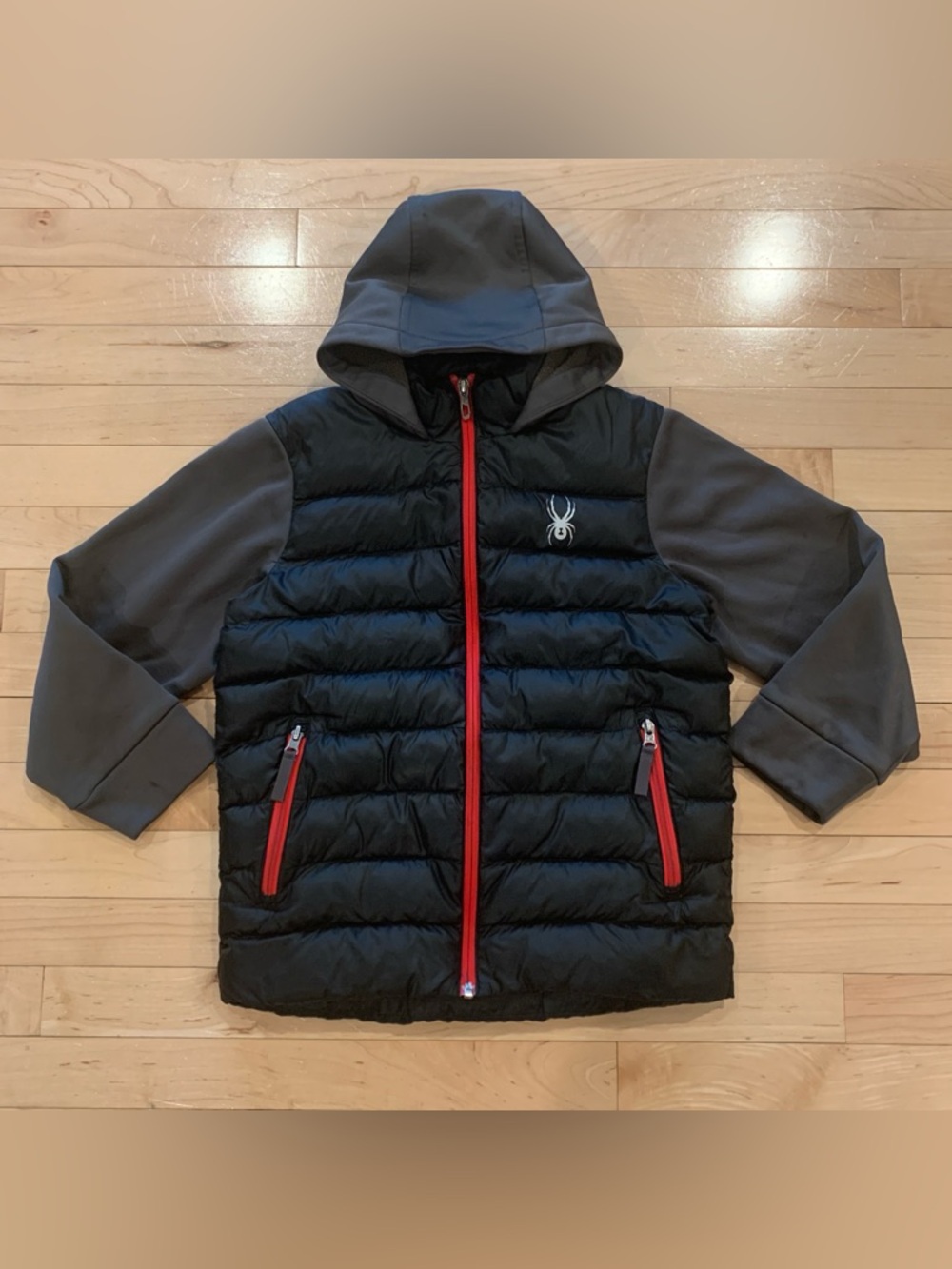 Spyder Hybrid Puffer Jacket Youth Boys Size Medium 10/12 Black Gray